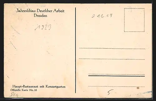 AK Dresden, Internationale Hygiene-Ausstellung 1930, Hauptrestaurant mit Konzertgarten
