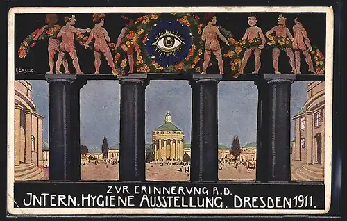 Künstler-AK Dresden, Intern. Hygiene-Ausstellung 1911, Blick durch Säulen, Nackte Blumen-Kinder, Auge als Sonne