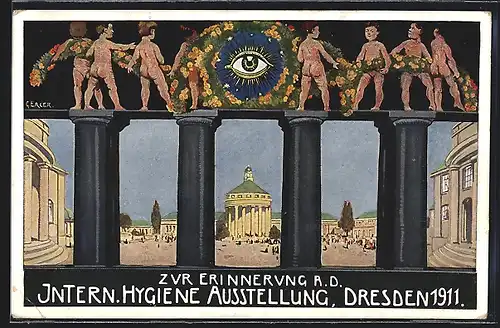 Künstler-AK Dresden, Intern. Hygiene-Ausstellung 1911, Blick durch Säulen, Nackte Blumen-Kinder, Auge als Sonne