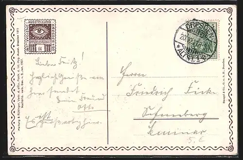 Künstler-AK Dresden, Intern. Hygiene-Ausstellung 1911, Blick durch Säulen, Nackte Blumen-Kinder, Auge als Sonne