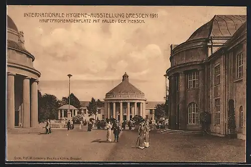 AK Dresden, Intern. Hygiene-Ausstellung 1911, Hauptpromenadenplatz mit Halle - Der Mensch