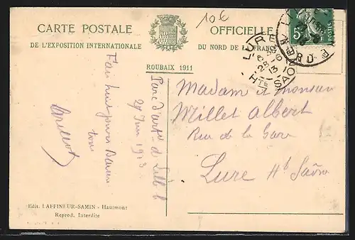 AK Roubaix, Exposition Internationale du Nord de la France 1911, Pavillon Chasse et Peche et le Moulin