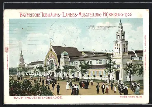 AK Nürnberg, Bayerische Jubiläums-Landes-Ausstellung 1906, Besucher vor dem Hauptindustriegebäude
