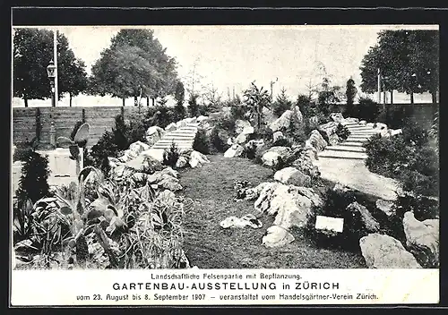 AK Zürich, Gartenbau-Ausstellung 1907, Landschaftliche Felsenpartie mit Bepflanzung