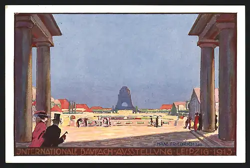 Künstler-AK Leipzig, Int. Baufachausstellung 1913, Haupteingang, Strasse des 18. Oktobers, Ganzsache
