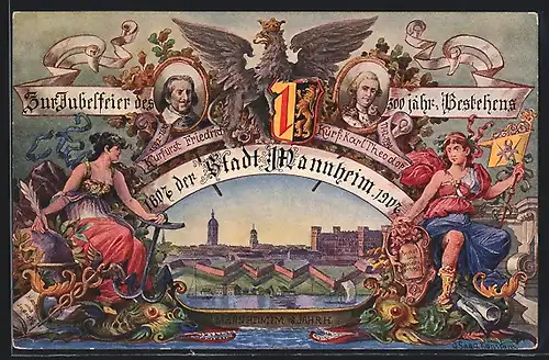 Künstler-AK Ganzsache PP27C90: Mannheim, Jubelfeier des 300 jähr. Bestehens 1907