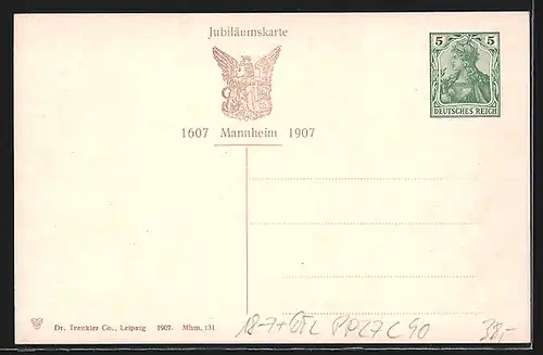 Künstler-AK Ganzsache PP27C90: Mannheim, Jubelfeier des 300 jähr. Bestehens 1907, Ansicht aus dem 18. Jahrhundert