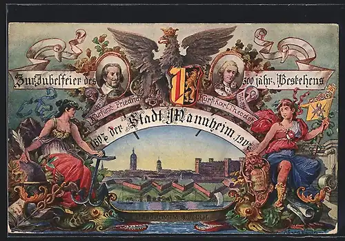Künstler-AK Ganzsache PP27C90: Mannheim, Jubelfeier des 300 jähr. Bestehens 1907, Ansicht im 18. Jahrhundert