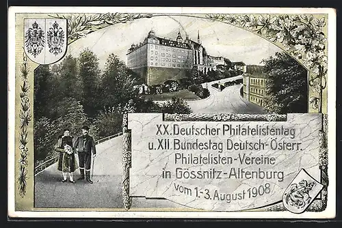 AK Gössnitz-Altenburg, XX. Deutscher Philatelistentag 1908, Schloss, Ganzsache