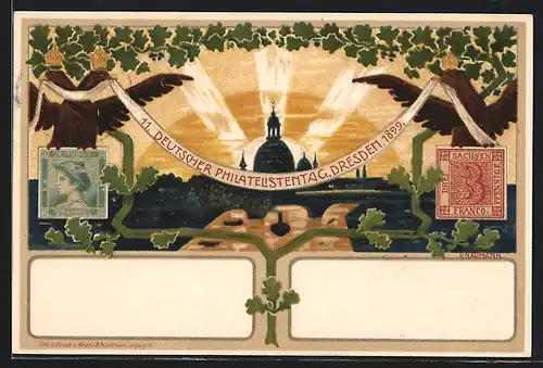 Lithographie Dresden, 11. Deutscher Philatelistentag 1899, Sonnenaufgang, Ganzsache
