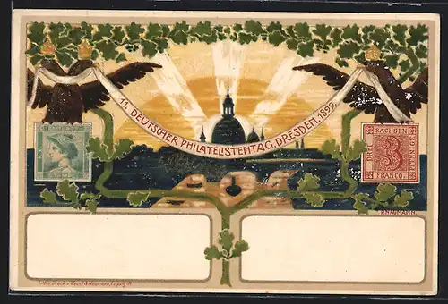 Lithographie Dresden, 11. Deutscher Philatelistentag 1899, Sonnenaufgang, Ganzsache 5 Pf.