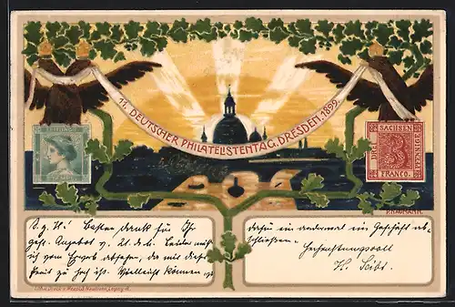 Lithographie Dresden, 11. Deutscher Philatelistentag 1899, Sonnenaufgang, Ganzsache