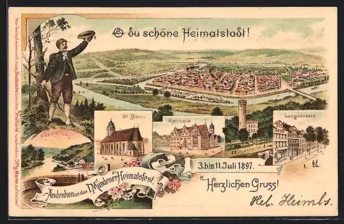 Lithographie Hann. Münden, 1. Mündener Heimatfest 1897, Langestrasse, Rathaus, Ganzsache