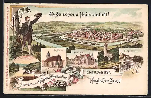 Lithographie Hann. Münden, Mündener Heimatsfest 1897, Weserblick, St. Blasii, Rathaus, Langestrasse, Ganzsache