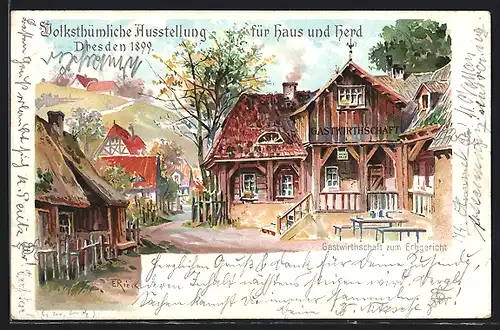 Künstler-AK Dresden, Volksthümliche Ausstellung für Haus und Herd 1899, Gasthof zum Erbgericht, Ganzsache 5 Pf.