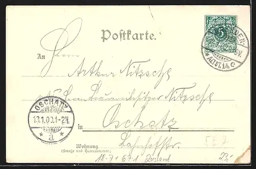 Künstler-AK Dresden, Volksthümliche Ausstellung für Haus und Herd 1899, Gasthof zum Erbgericht, Ganzsache 5 Pf.