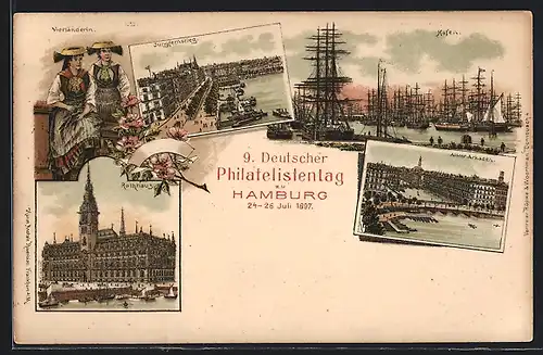 Lithographie Hamburg, 9. Deutscher Philatelistentag 1897, Hafen, Jungfernstieg, Alster Arkaden, Ganzsache