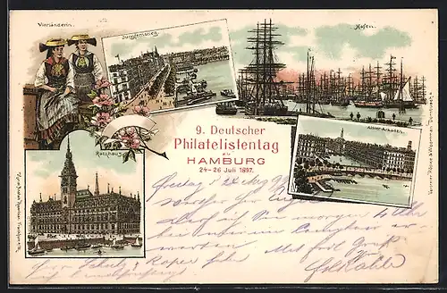Lithographie Hamburg, 9. Deutscher Philatelistentag 1897, Hafen, Alster Arkaden, Ganzsache