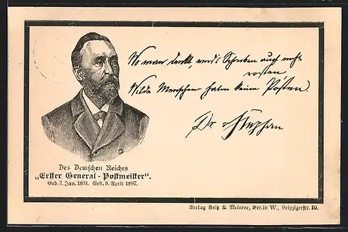 Lithographie Portrait H. von Stephan, Erster General-Postmeister, Ganzsache