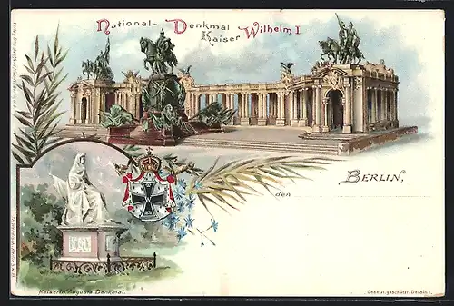 Lithographie Berlin, Kaiser-Wilhelm Denkmal u. Kaiserin Augusta Denkmal, Ganzsache