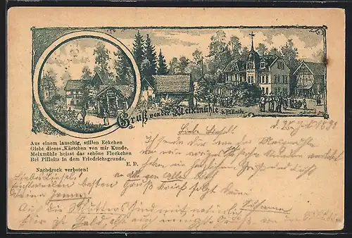 Vorläufer-Lithographie Dresden-Pillnitz, 1893, Gasthaus Meixmühle