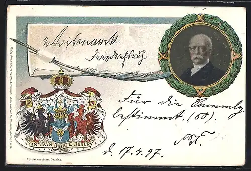 Künstler-AK Portrait von Bismarck mit Wappen, Ganzsache