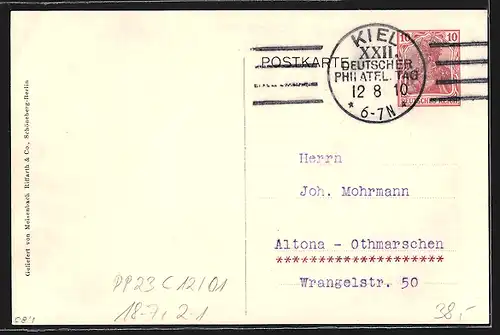 Künstler-AK Ganzsache PP23C12 /01: Kiel, 22. Deutscher Philatelistentag 1910, Die Schleswig-Holsteinische Marine