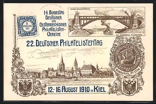 Künstler-AK Kiel, 22. Deutscher Philatelistentag 1910, Stadtsiegel, Levensauer Hochbrücke, Ganzsache