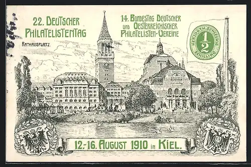 Lithographie Ganzsache PP27C117 /04: Kiel, 22. Deutscher Philatelistentag 1910, Rathausplatz, Ganzsache
