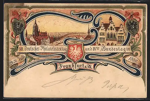 Künstler-AK Frankfurt a. M., XII. Deutscher Philatelistentag und IV. Bundestag 1900, Ganzsache