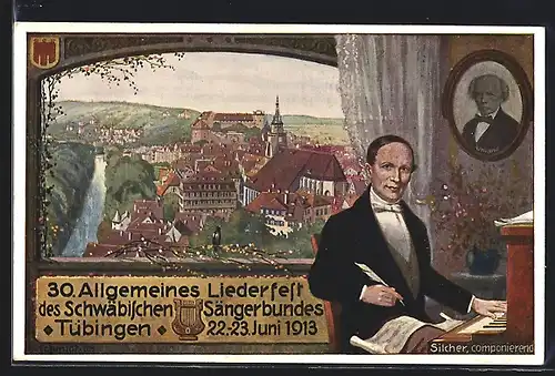 Künstler-AK Ganzsache PP27C186 /03: Tübingen, 30. Allgem. Liederfest des Schwäb. Sängerbundes 1913, Komponist Silcher