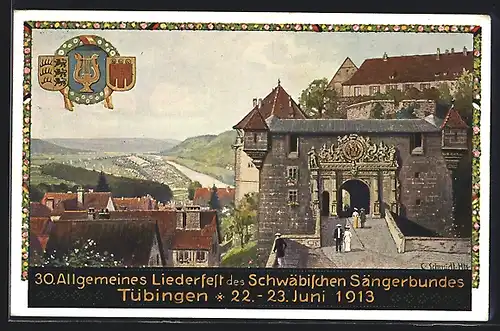 Künstler-AK Tübingen, 30. Allgem. Liederfest 1913, Hofeingang, Harfe, Ganzsache
