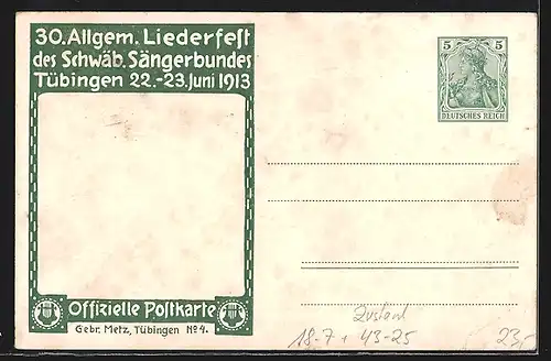 Künstler-AK Tübingen, 30. Allgem. Liederfest 1913, Schlosseingang, Ganzsache