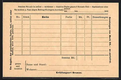 AK Bremen, Zigarren-Fabrik Heinrich Müller, Reklame für Zigaretten, Ganzsache