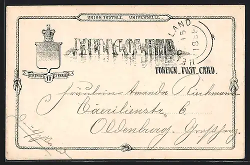 Vorläufer-Lithographie Helgoland, 1888, Namenszug der Insel in Gestalt von Felsen, Wappen, Foreign Post-Card