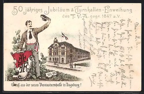 Lithographie Ganzsache Bayern PP7C3: Augsburg, 50.jähriges Jubliäum & Turnhallen-Einweihung des TVA 1847 a.V.