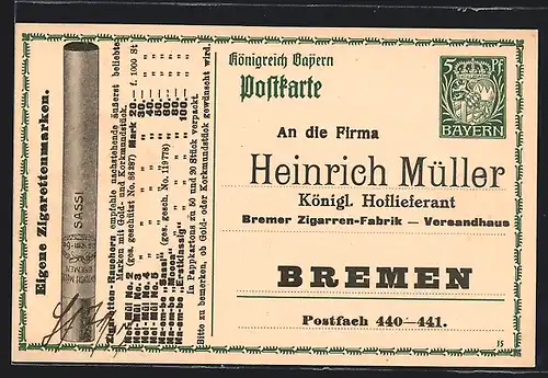 AK Bremen, Zigarren-Fabrik Heinrich Müller, Zigaretten-Reklame, Ganzsache