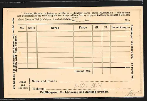 AK Bremen, Zigarren-Fabrik Heinrich Müller, Zigaretten-Reklame, Ganzsache