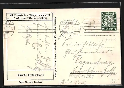 Künstler-AK Ganzsache Bayern PP38C17 /04: Bamberg, XII. Fränkisches Sängerbundfest 1914, Festhalle im Hain