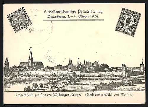 Künstler-AK Oggersheim, V. Südwestdeutscher Philatelistentag 1924, Teilansicht nach Merian, Ganzsache