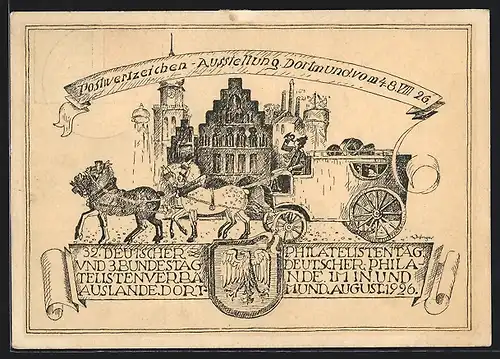 Künstler-AK Dortmund, Postwertzeichen-Ausstellung 1926, Postkutsche, Ganzsache