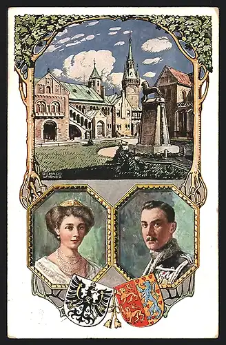 Künstler-AK Braunschweig, Platz mit Denkmal, Victoria Luise und Ernst August von Braunschweig, Wappen, Ganzsache