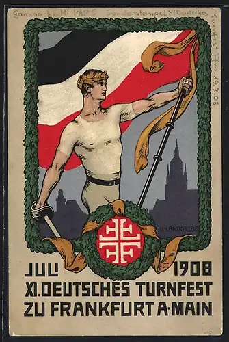 Künstler-AK Frankfurt /Main, XI. Deutsches Turnfest 1908, Turner mit Fahne, Ganzsache