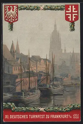 Künstler-AK Frankfurt a. Main, 11. Deutsches Turnfest 1908, Hafenpartie mit anliegenden Schiffen, Wappen, Ganzsache 5 Pf