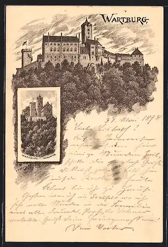Lithographie Erfurt, Verschiedene Ansichten der Wartburg, Ganzsache