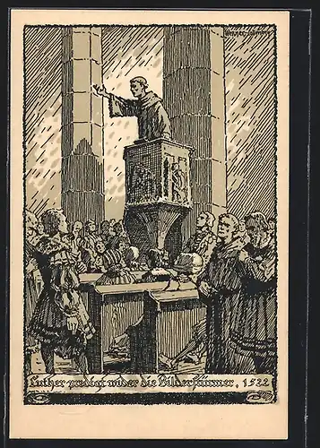 Künstler-AK Martin Luther predigt wider die Bilderstürmer, Ganzsache 75 Pf.