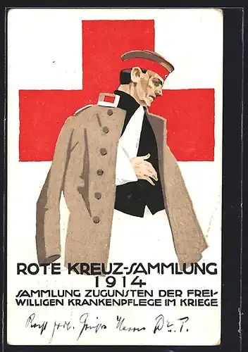 Künstler-AK Ludwig Hohlwein: Rote Kreuz-Sammlung 1914, Verwundeter Soldat, Ganzsache Bayern