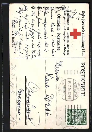 Künstler-AK Ludwig Hohlwein: Rote Kreuz-Sammlung 1914, Verwundeter Soldat, Ganzsache Bayern