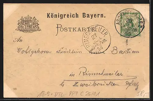 Lithographie Ganzsache Bayern PP7C26 /01: Aschaffenburg, 450 jährige Jubelfeier der kgl. priv. Schützengesellschaft 1898
