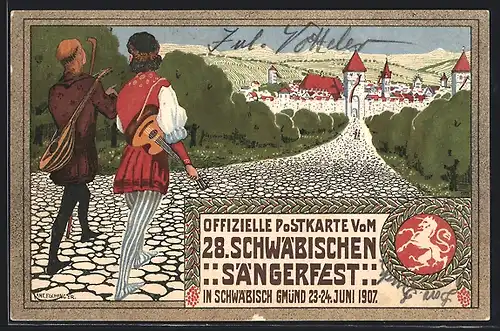 Künstler-AK Schwäbisch Gmünd, 28. Schwäbisches Sängerfest 1907, Festpostkarte, Ganzsache